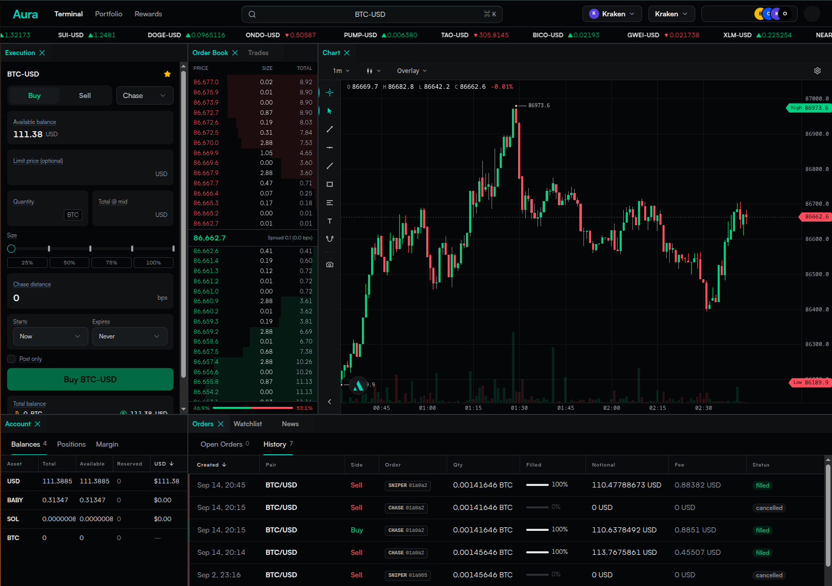The Aura terminal: order ticket, order book, candlestick chart, balances and order history